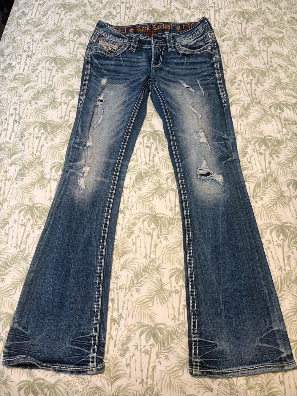 Rock Revival Distressed Flared Jeans - Blue